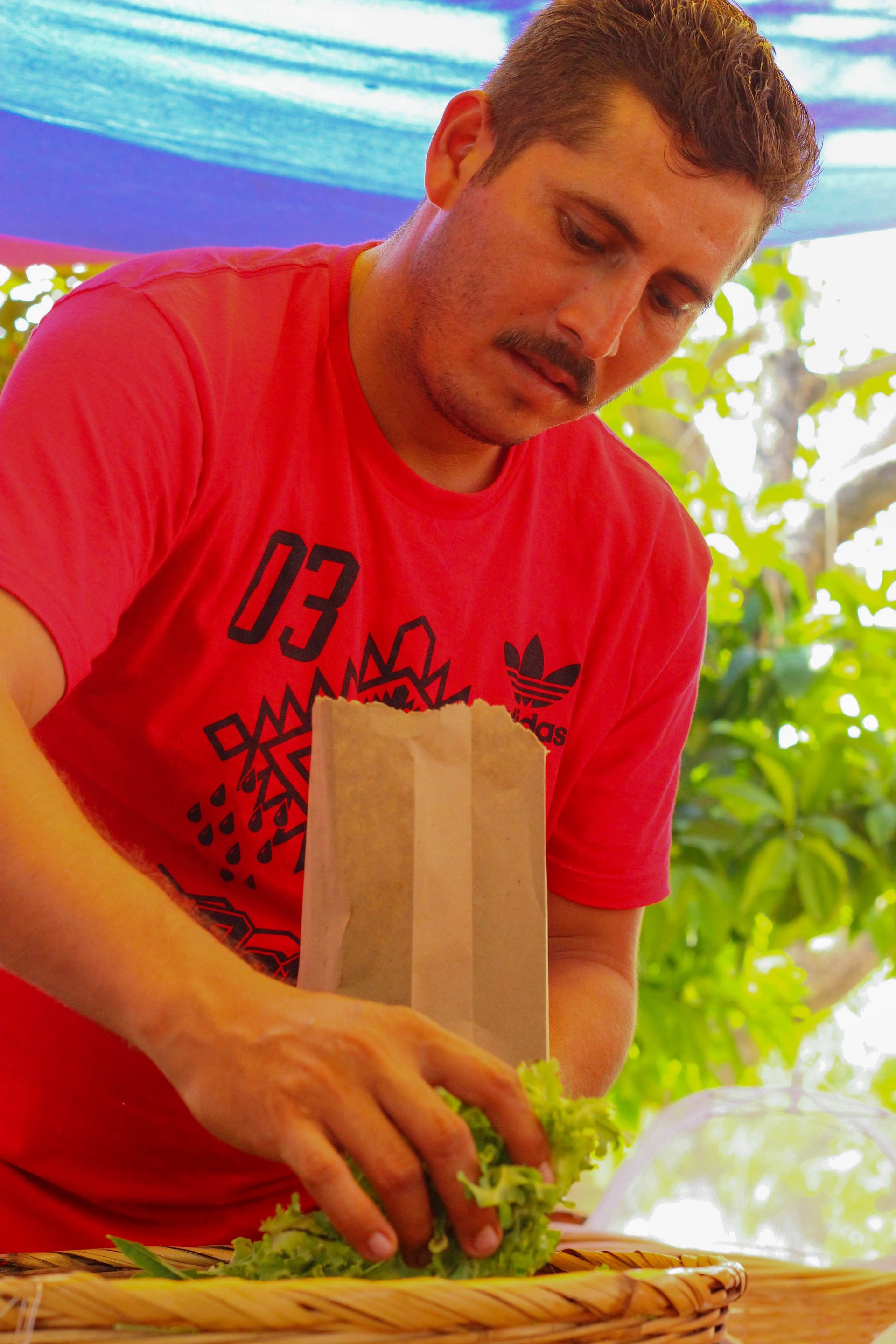 Man preparing food at a table, chopping greens beside a paper bag in a bright outdoor setting