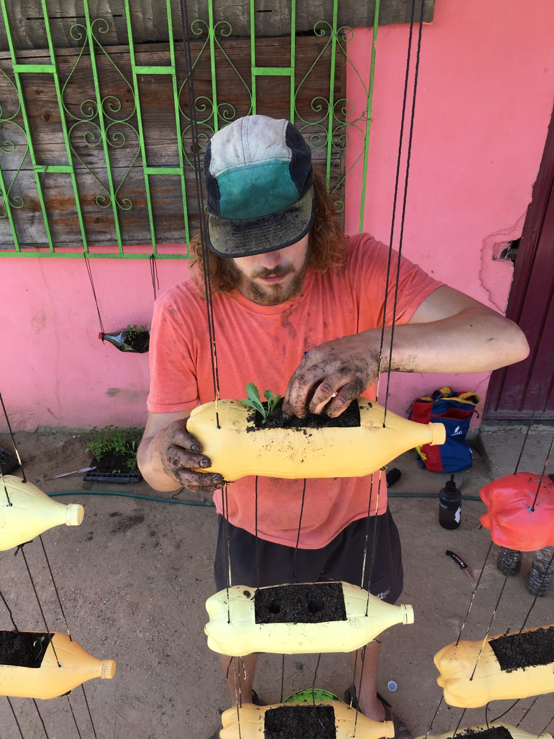Person painting yellow hanging birdhouses in front of a pink wall