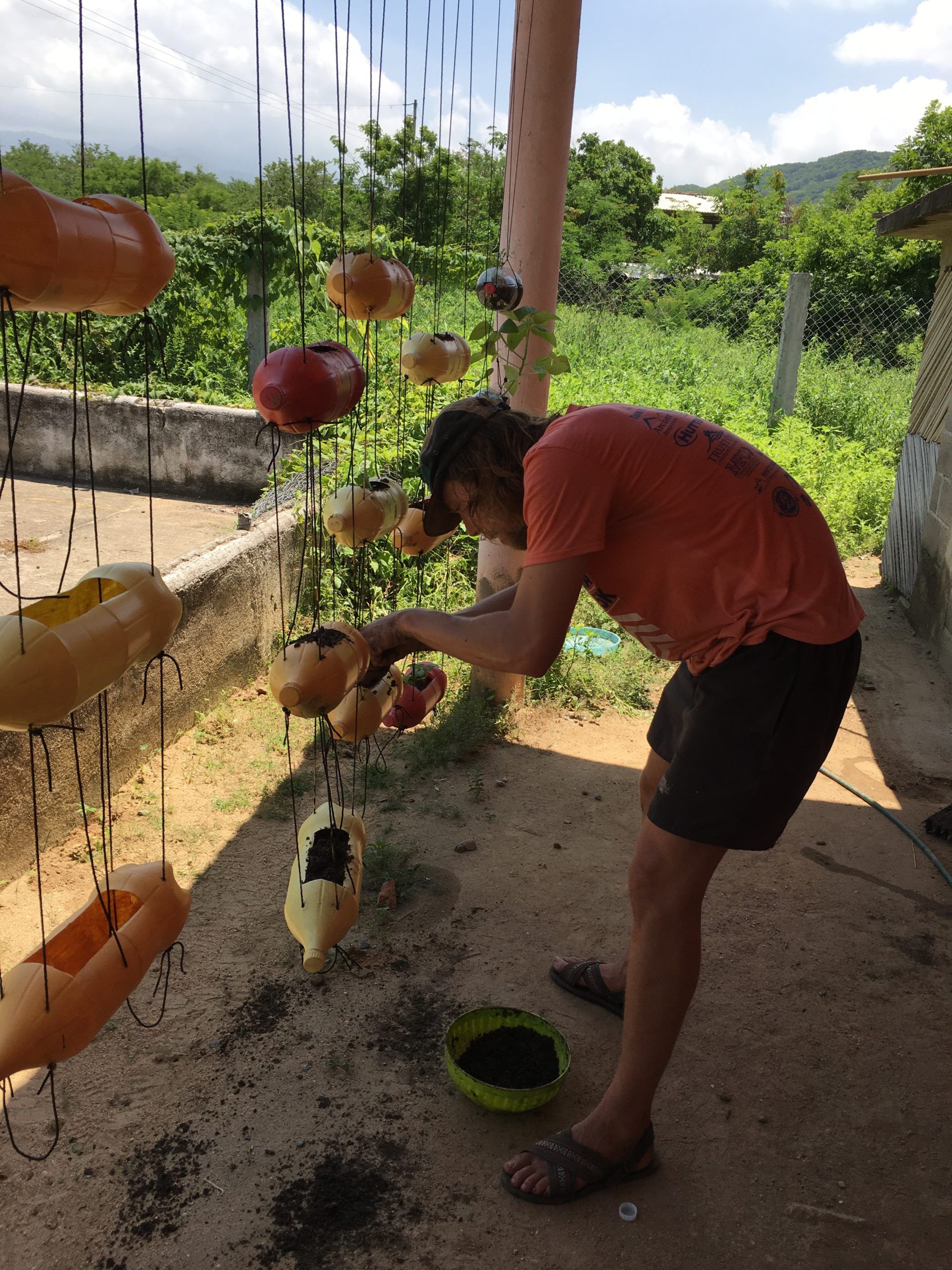 Person feeding hanging potted plants on a porch with a green bowl nearby