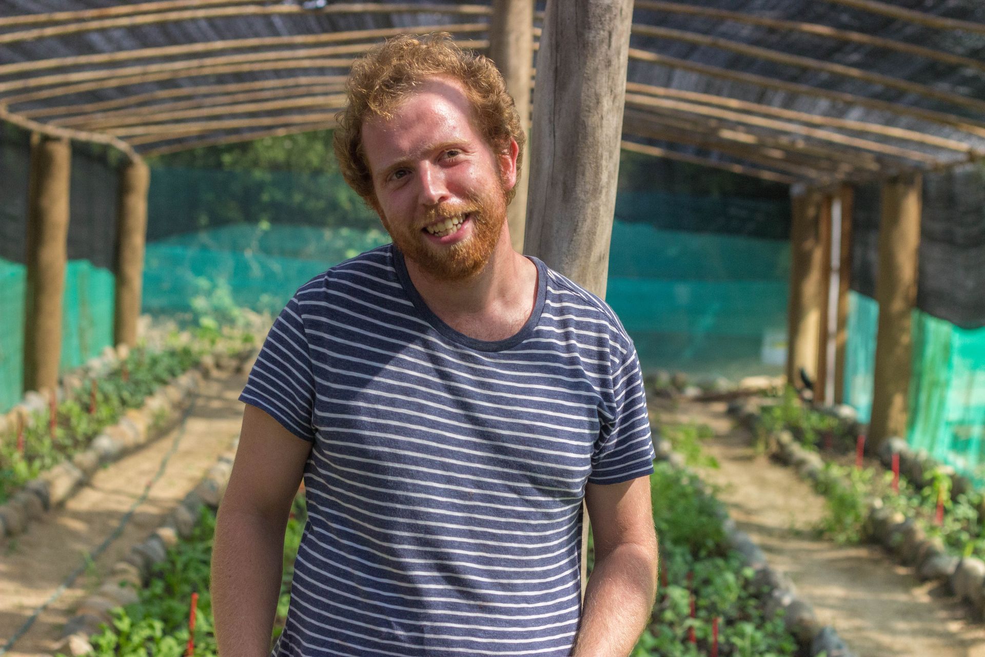 Person standing in a greenhouse, smiling, with rows of plants and a wooden canopy overhead