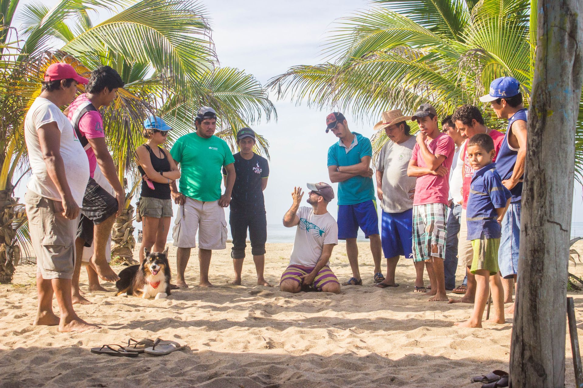 A group stands on a sandy beach between palm trees, watching a person kneel and demonstrate something in the center.
