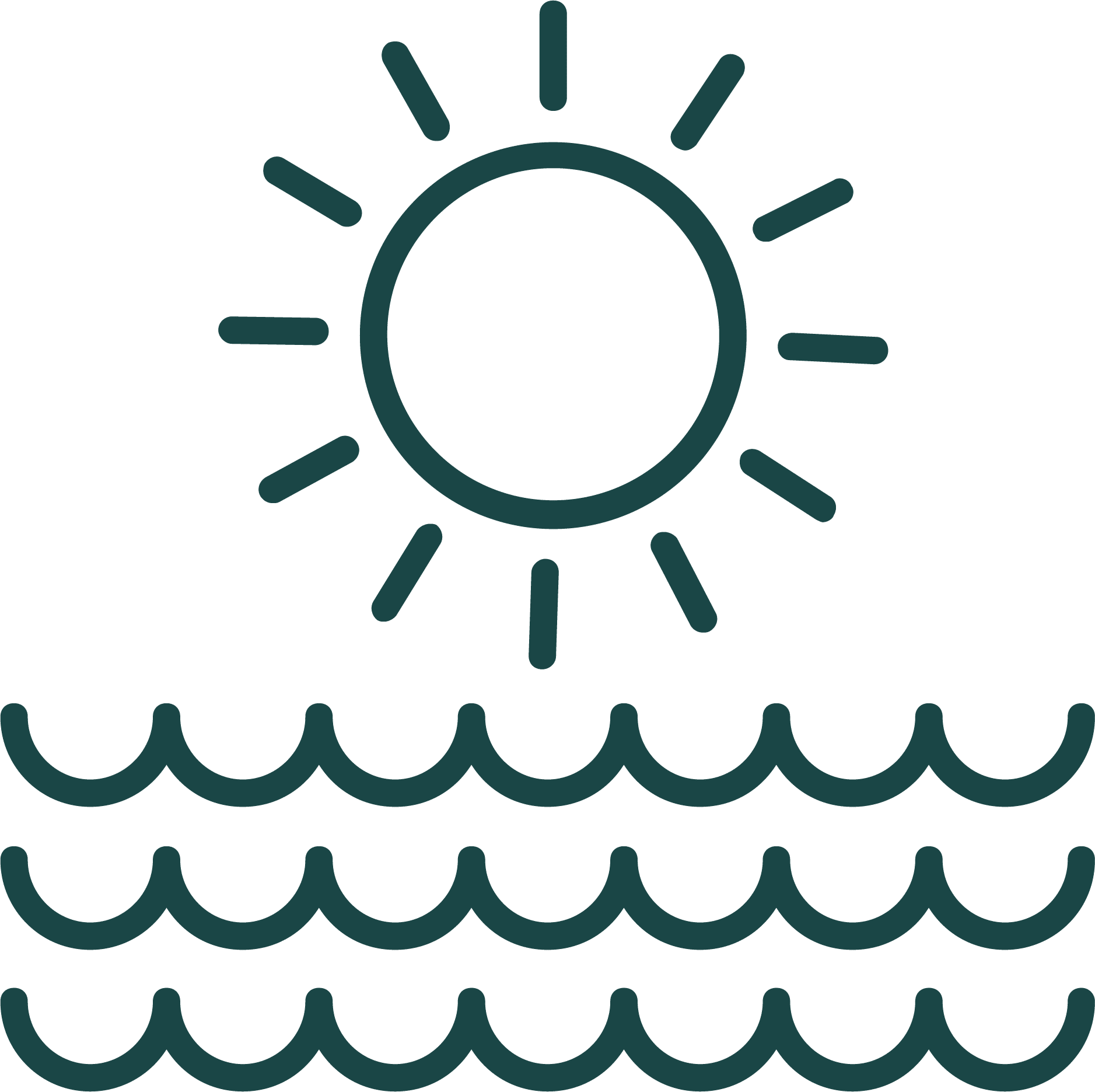 Sun icon above three wavy lines, suggesting sunny weather over water