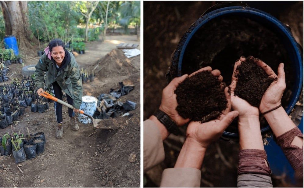 Hands holding soil over a compost bin; another person shovels dirt in a garden area.
