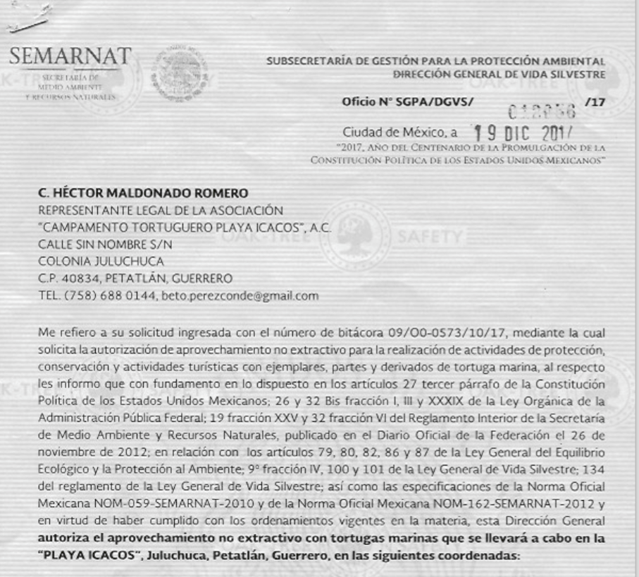 Official SEMARNAT letter in Spanish with government seal and date stamp at top right