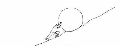 Sketch of a person pushing a large boulder up a steep slope