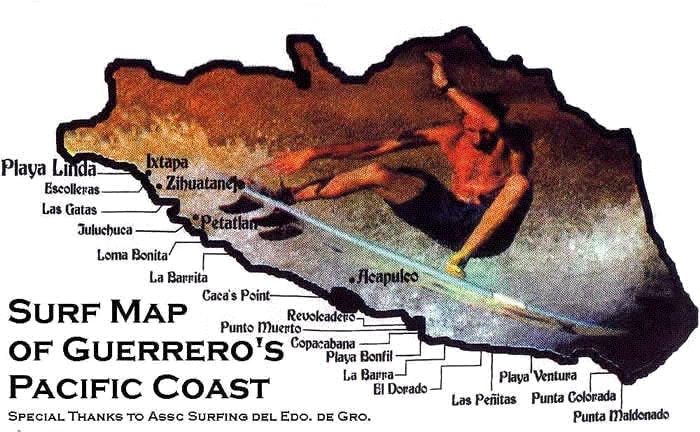 Surf map of the Gufero Pacific Coast with labeled beaches and coves.
