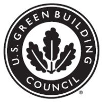 US Green Building Council circular logo with white leaves on a black background