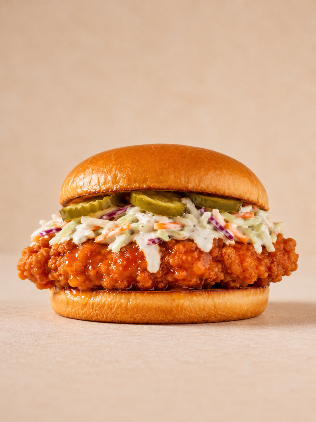 Fried chicken sandwich with creamy slaw on a bun against a beige background