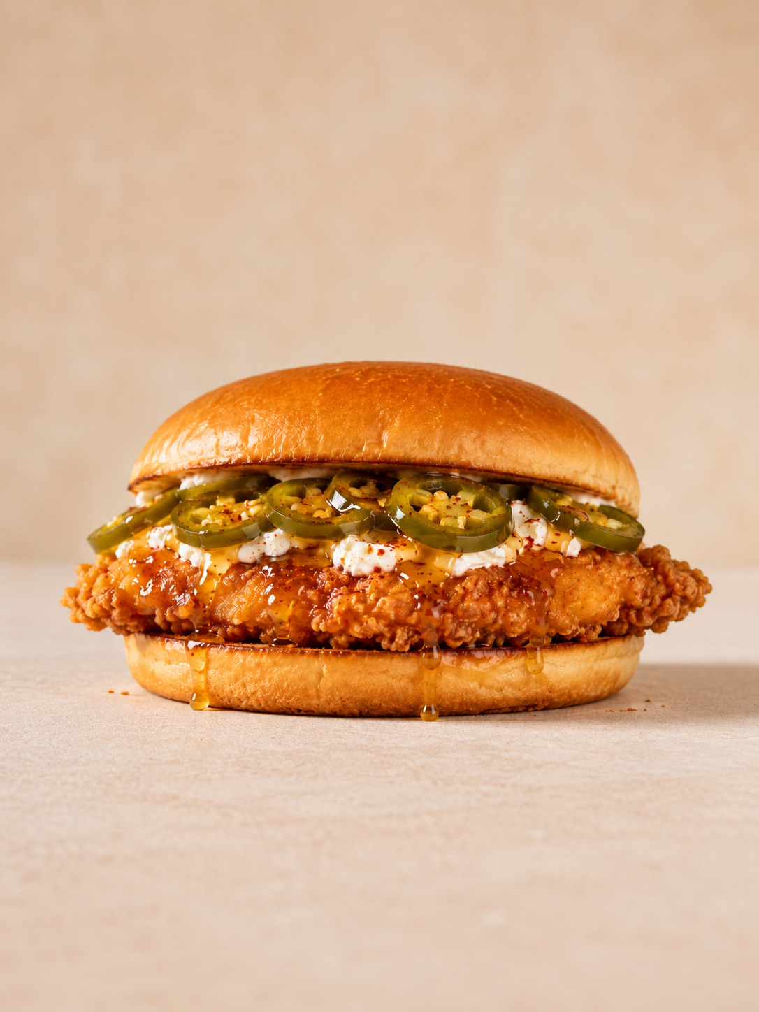 Fried chicken sandwich with jalapeños on a toasted bun against a beige background