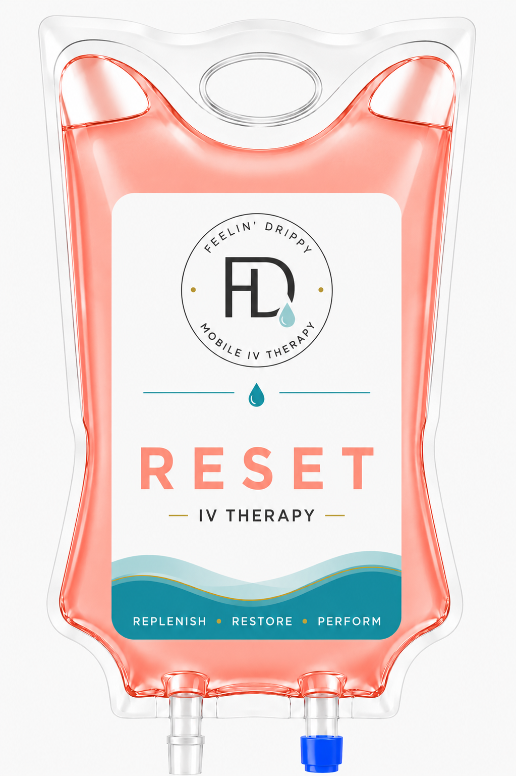 Clear IV bag labeled “RESET IV Therapy” with coral-pink liquid and blue cap.
