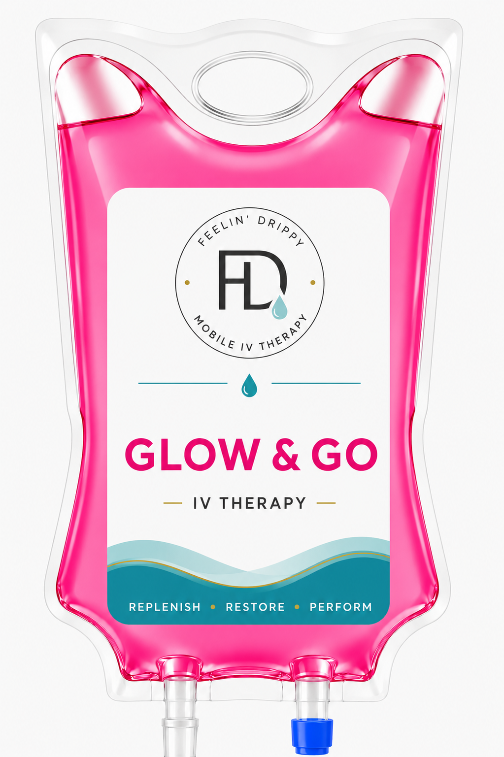 Pink and clear IV therapy bag labeled “GLOW & GO” with turquoise accents and drip port