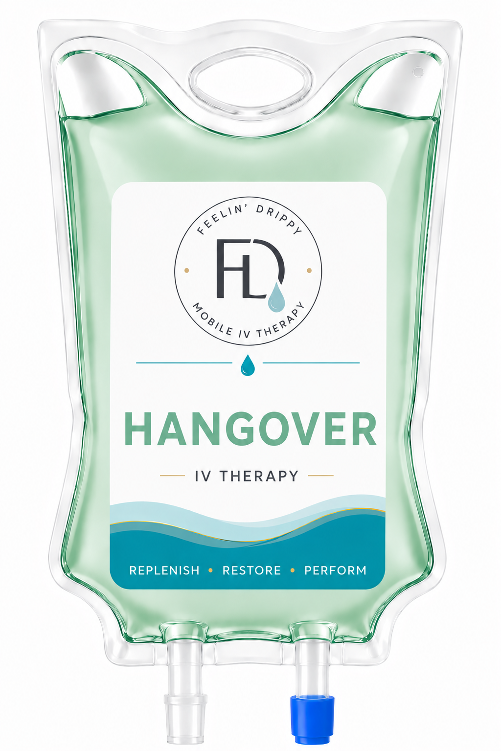 Clear IV bag labeled “HANGOVER” with green liquid design and blue cap, on white background