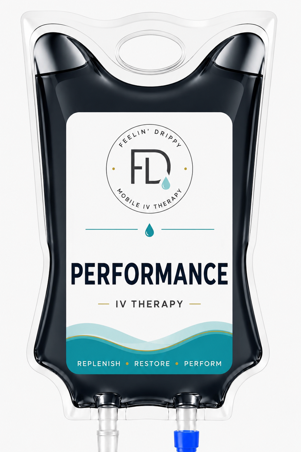 Performance IV therapy bag with white and teal label and clear tubing port