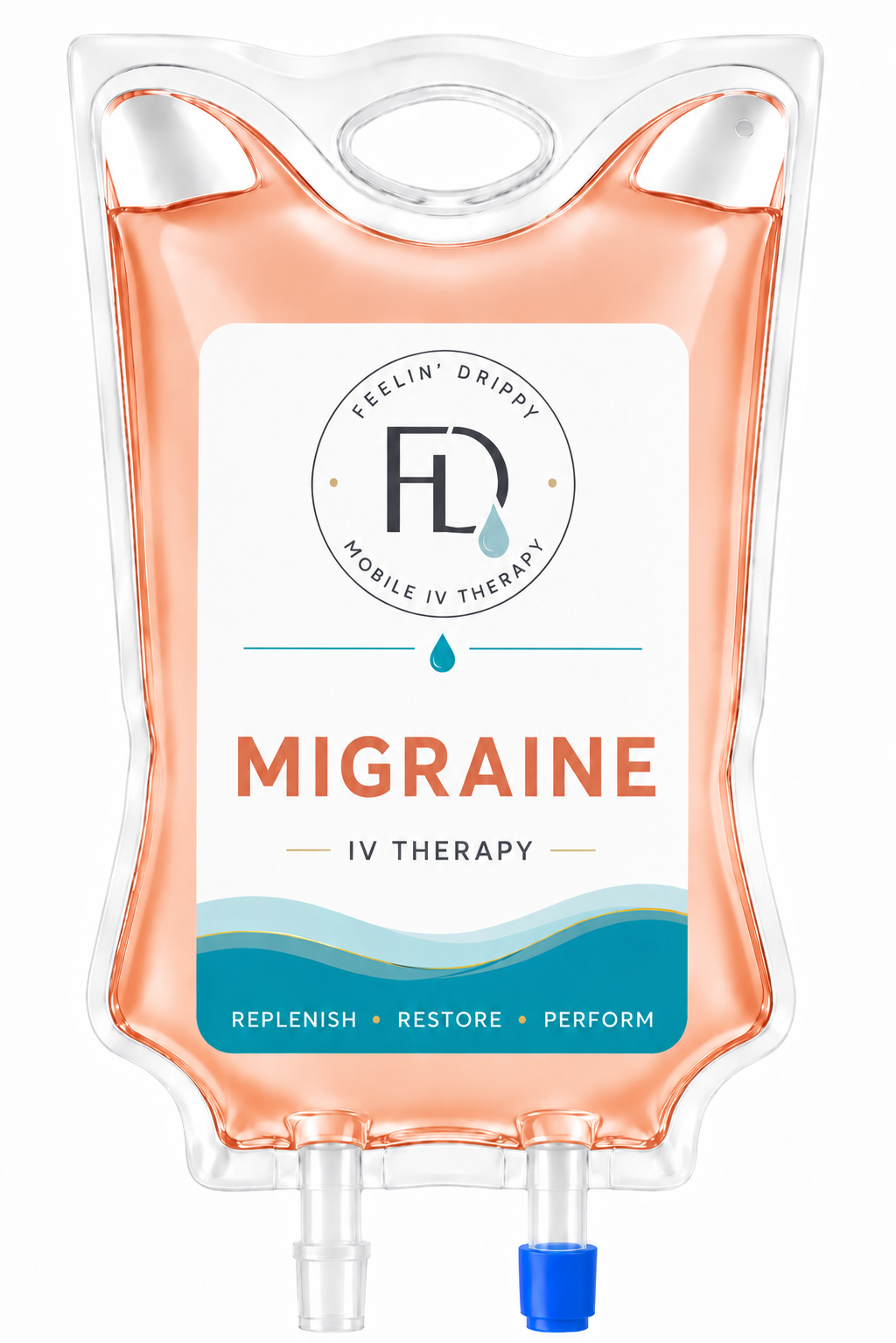 Orange-and-white migraine IV therapy bag with “MIGRAINE” label and drip ports