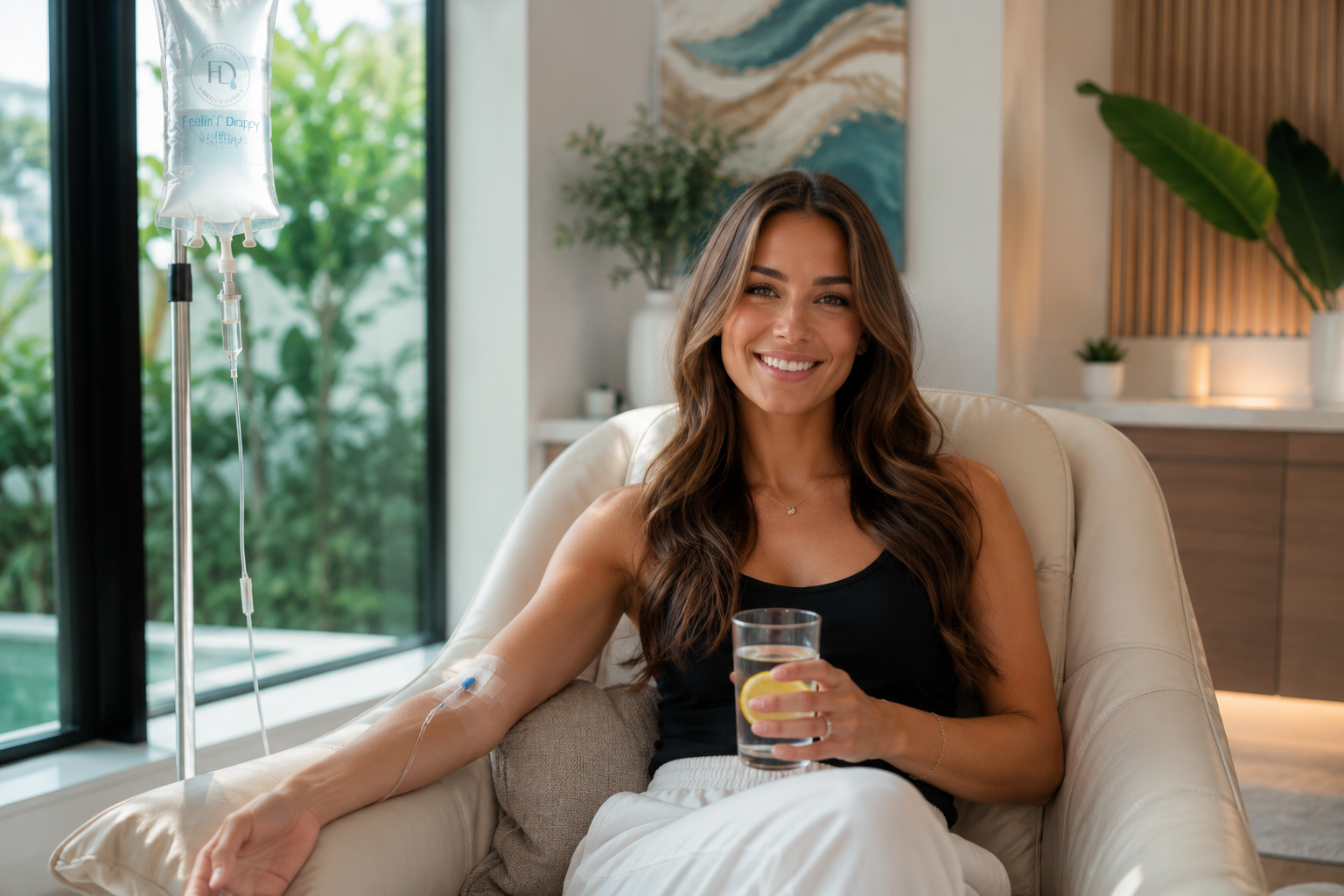 Smiling woman seated in a cozy living room, holding a drink by a large window.