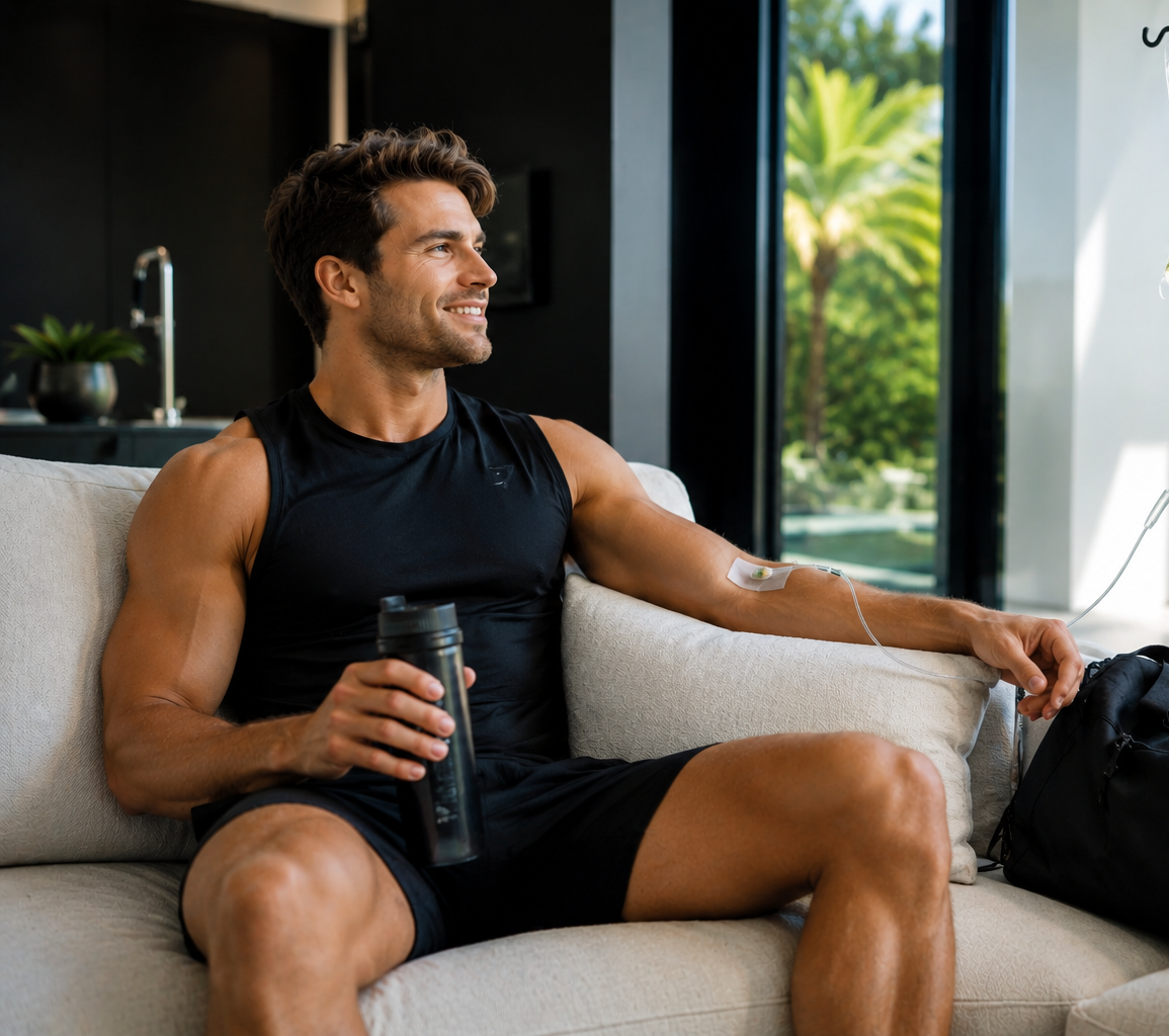 Man relaxing on a sofa with a water bottle, looking out a bright window in a modern living room