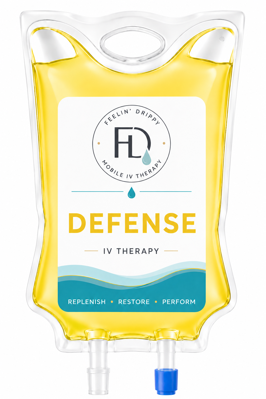 Clear IV bag labeled “DEFENSE” with yellow liquid and blue/white accents