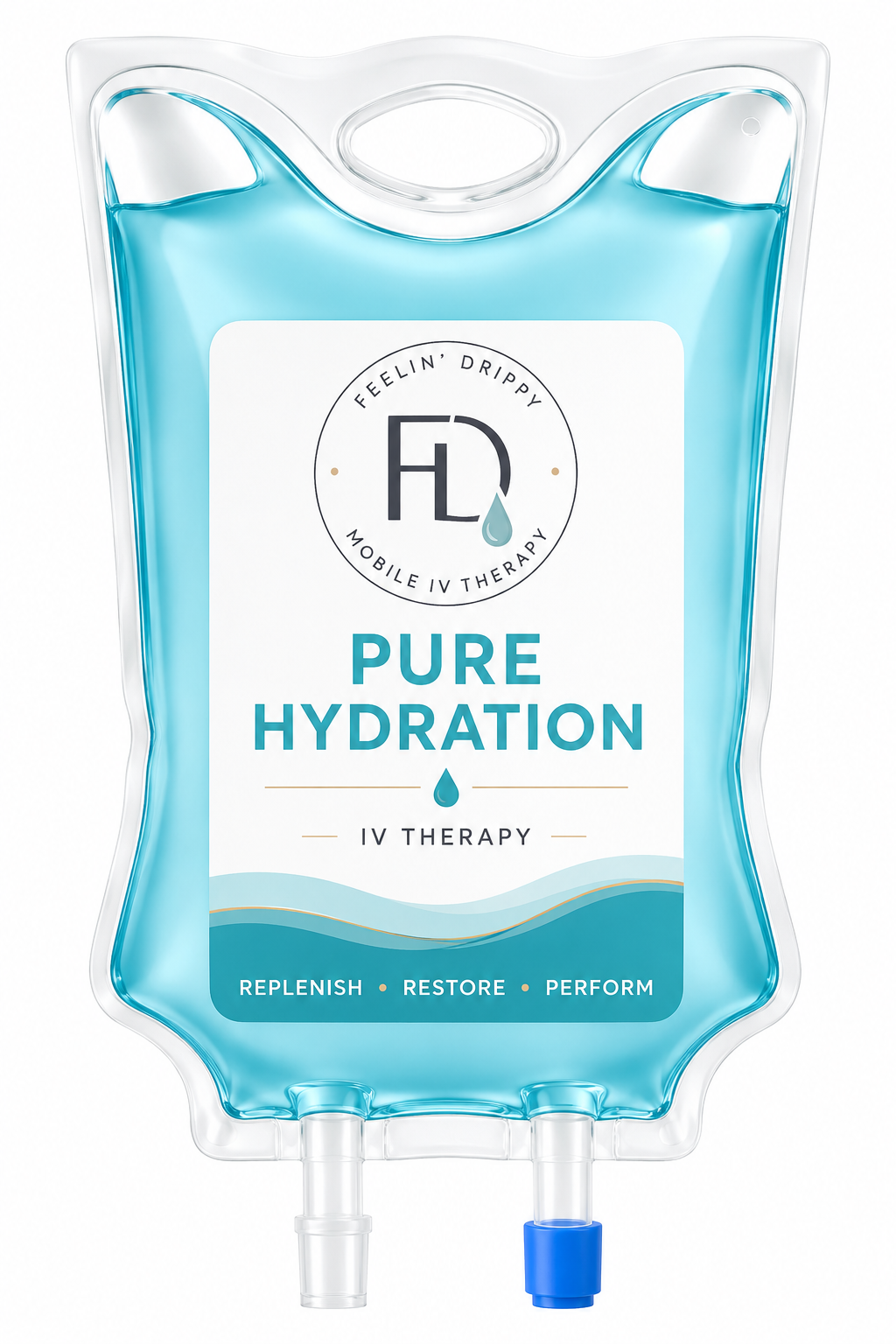 Clear IV saline bag labeled “Pure Hydration” with blue fluid and a drip port