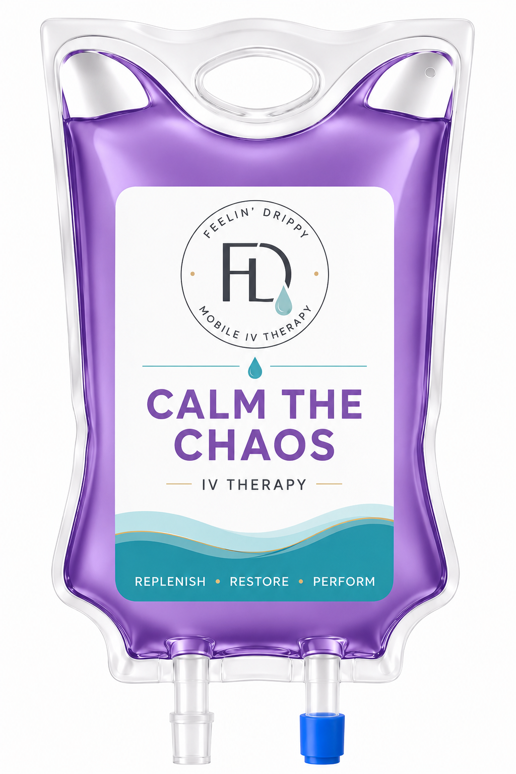 Purple “Calm the Chaos” IV fluid bag with a blue cap and white label.