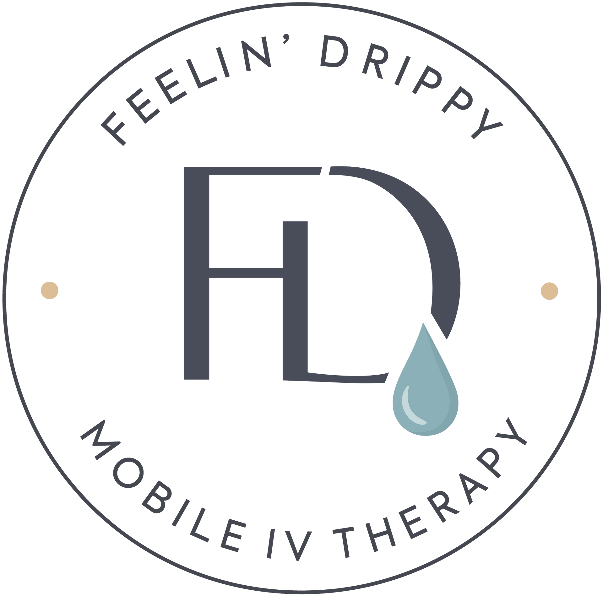 Feelin’ Drippy Mobile IV Therapy logo in gray with blue droplet on a white background