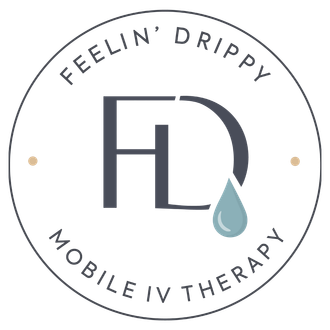 Circular logo for “Feelin’ Drippy Mobile IV Therapy” with gray FD letters and a blue water droplet.