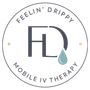 Logo for Feelin’ Drippy Mobile IV Therapy with stylized “FD” and a water drop in gray and blue.