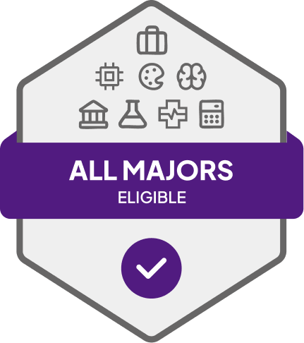 Badge with blue banner: 