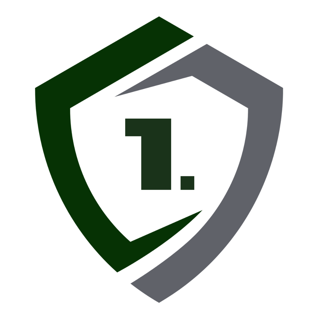 Shield logo with the number 1 in dark green, and grey.