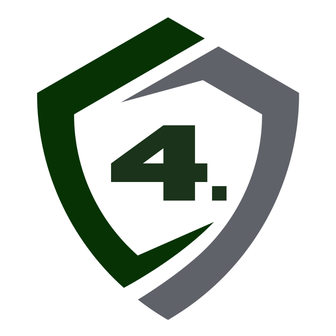 Shield-shaped logo with dark green and gray sections and a dark green number 4.