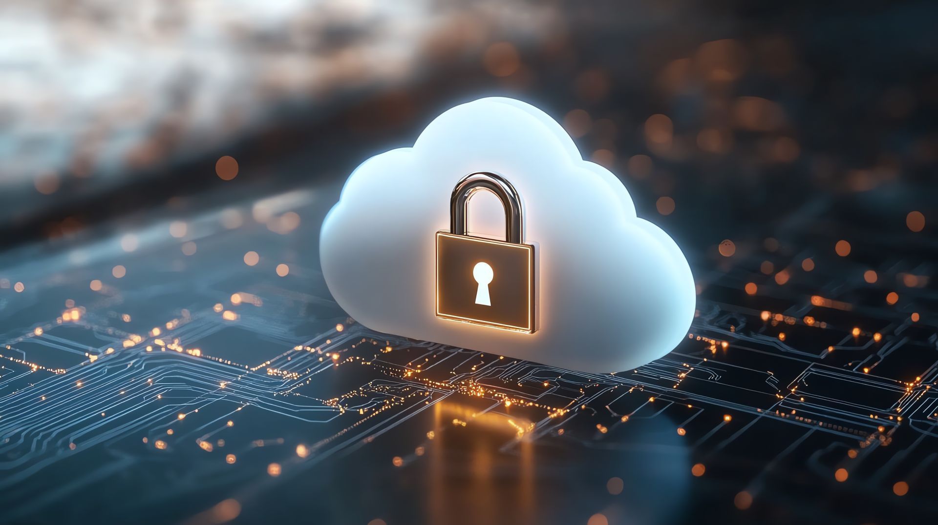 A cloud with a padlock on it is sitting on top of a computer motherboard.