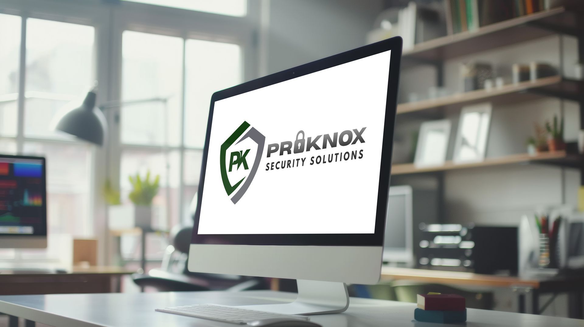 Computer screen displays ProKnox Security Solutions logo on a desk in an office.