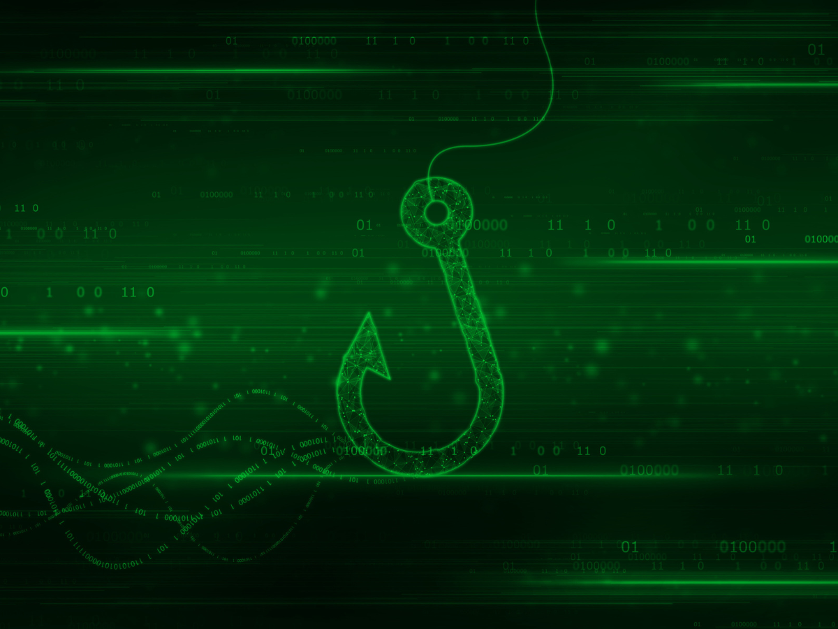 Green digital illustration of a fishing hook, suggesting a phishing scam.
