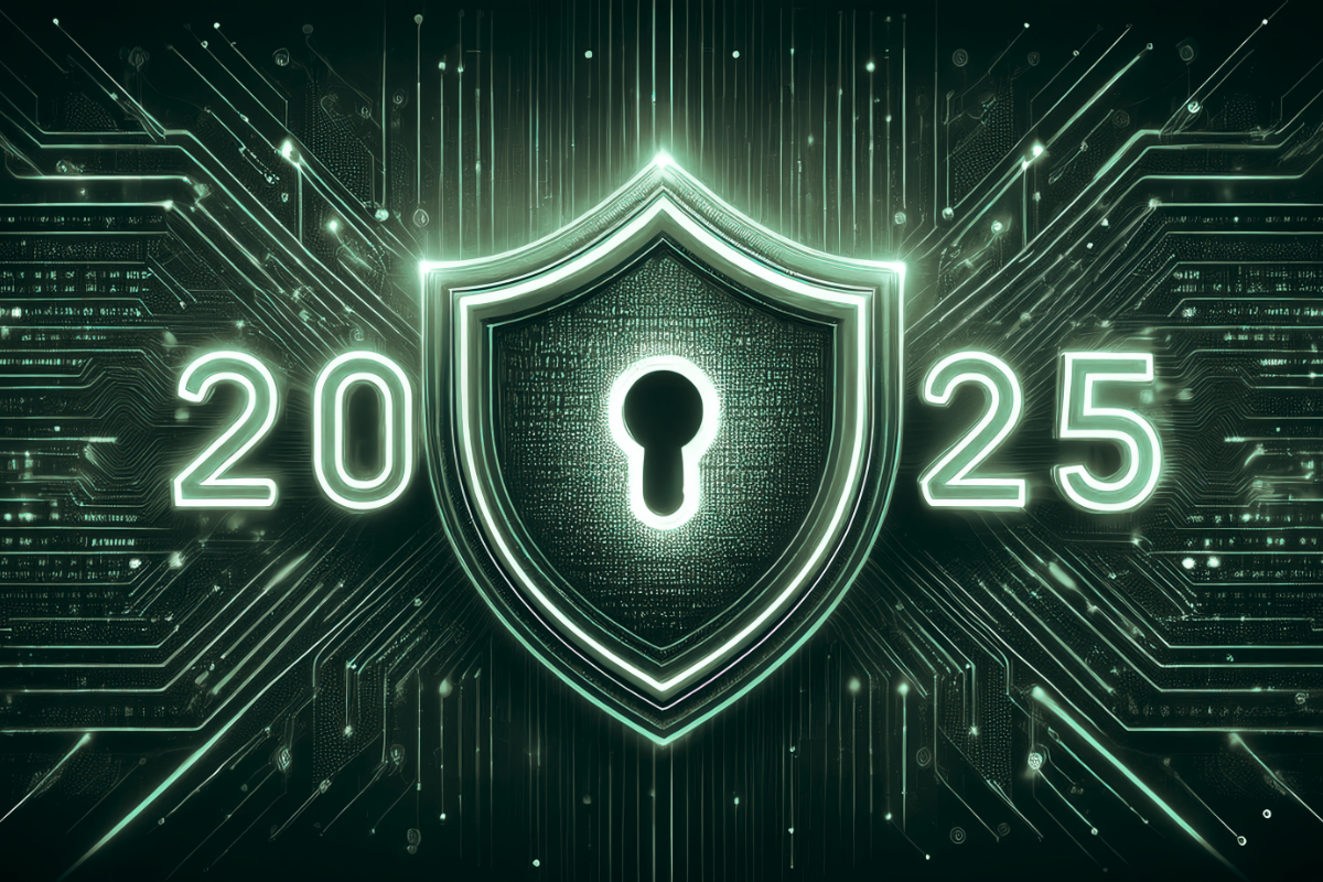 A green shield and lock with the year 2025 around it, indicating cybersecurity in 2025