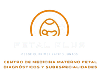 Logotipo de Fetal Plus, centro de medicina maternofetal. Círculo naranja con la imagen de un feto y texto blanco.