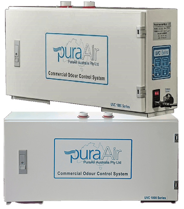 Two white Pura Air commercial odor control systems. One unit displays control panel.