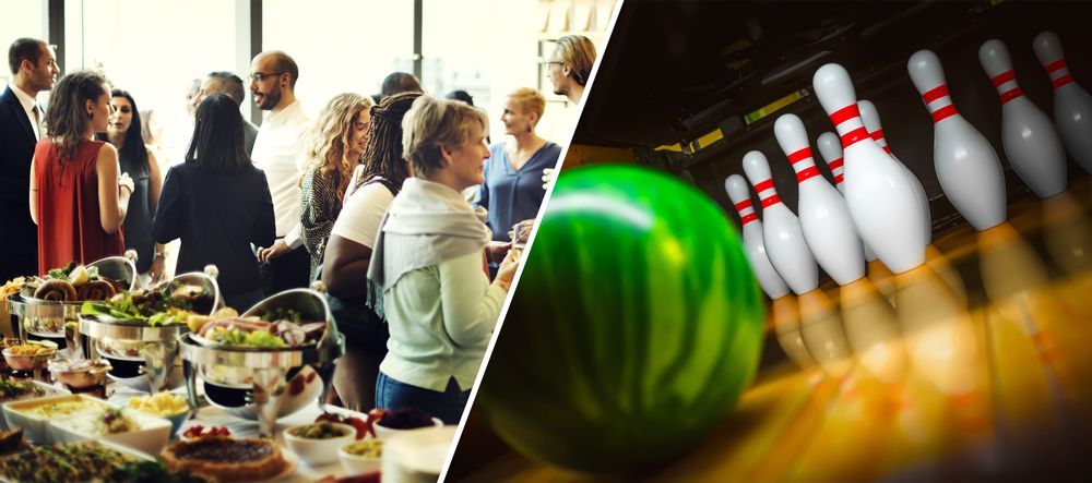 function centres and bowling alleys A group of people are sitting at a table next to a bowling alley.