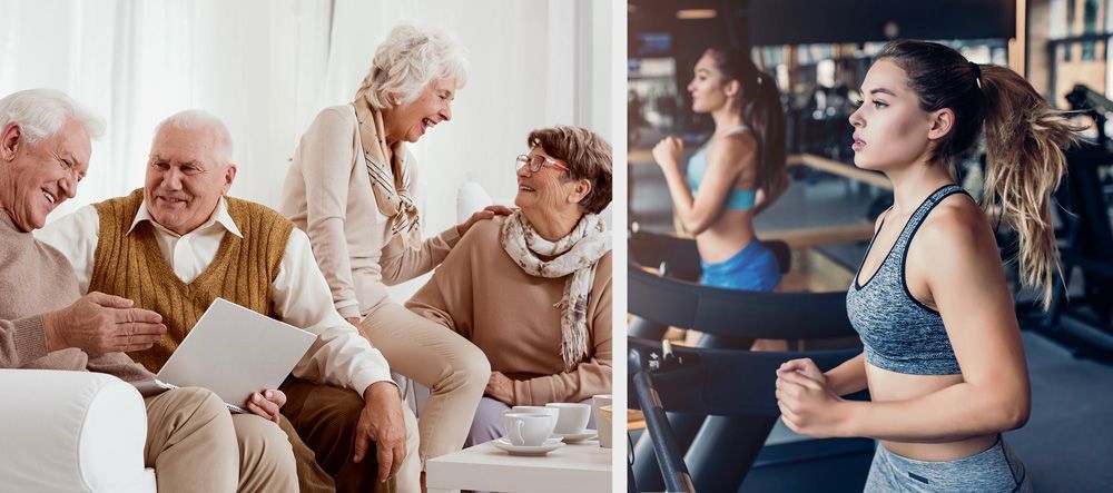 indoor environments A group of people are sitting on a couch and a woman is running on a treadmill.