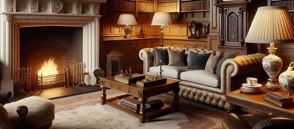 Cozy library interior with a fireplace, sofa, lamps, and bookshelves filled with books.