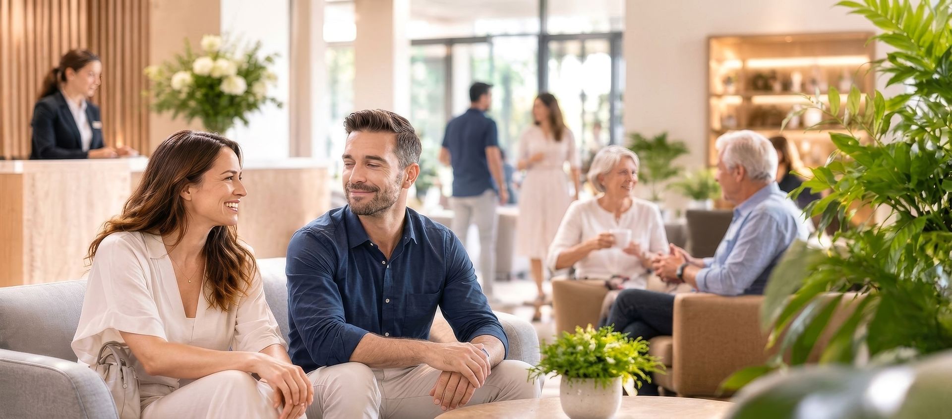 foyer Two people chatting on a sofa in a bright, modern lounge with flowers and other seated guests in the background