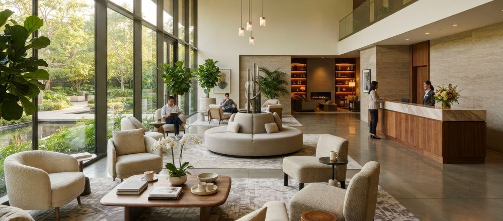 fresh open foyer Bright modern lounge with large windows, beige seating, and a wooden reception desk in warm daylight