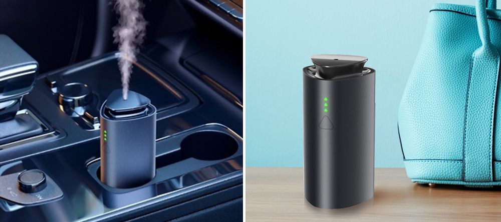 a picture of a car air freshener and a picture of a purse on a table .