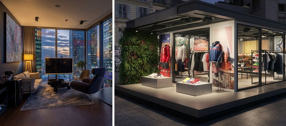 Temporary spaces A modern living room with city views next to a clothing pop up store display.