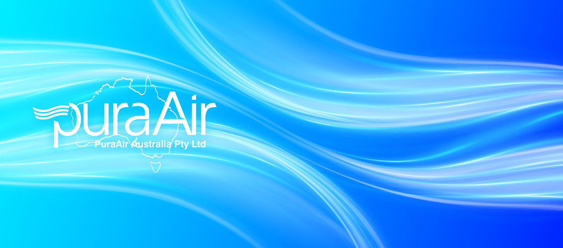 PuraAir Fresh air spaces A blue, abstract wavy background with the PuraAir company logo and text, featuring a subtle map outline of Australia.