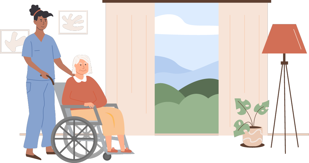Nurse pushing an elderly woman in a wheelchair near a window, indoor scene.