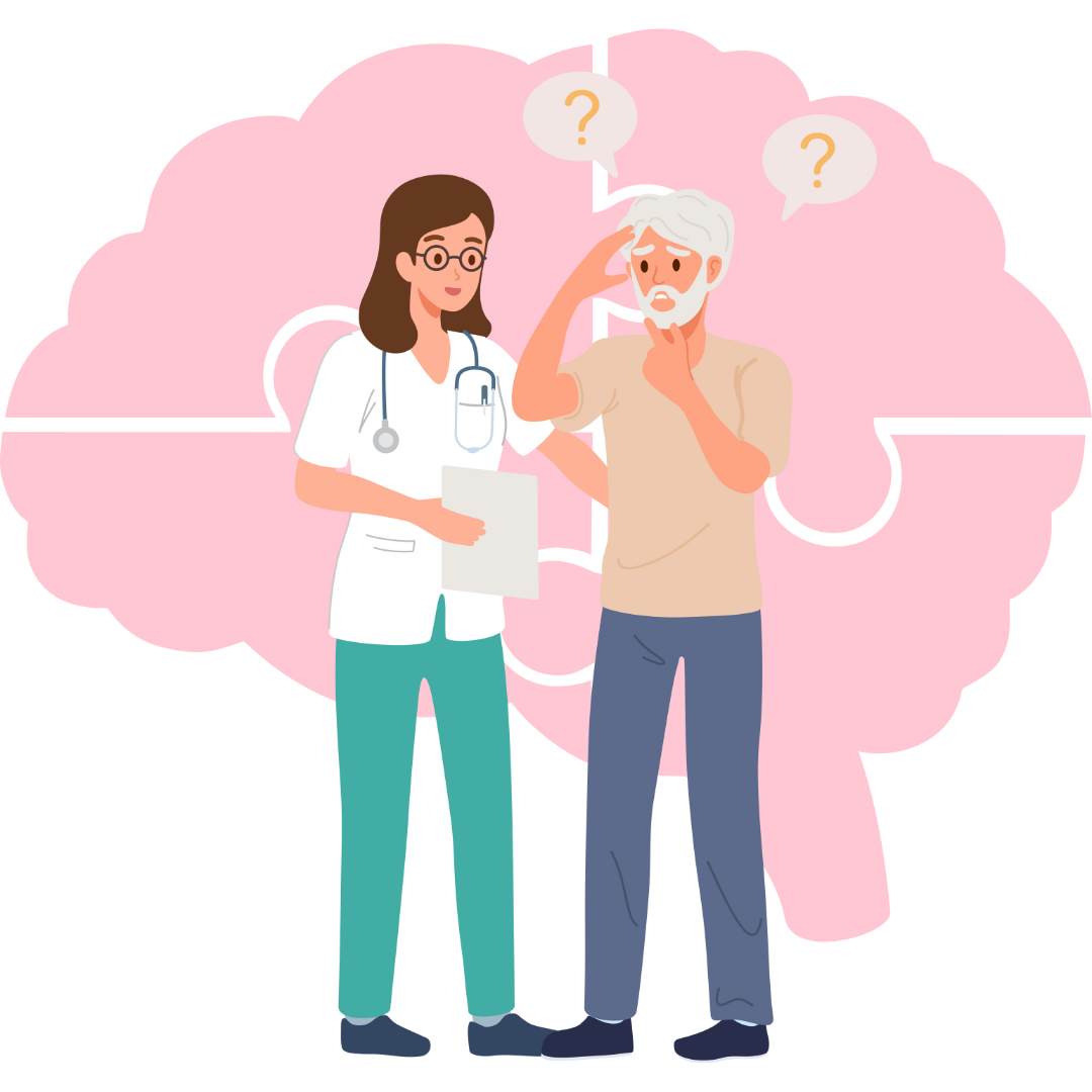 Doctor with elderly man in front of a brain, patient touching head, question marks above, pink background.