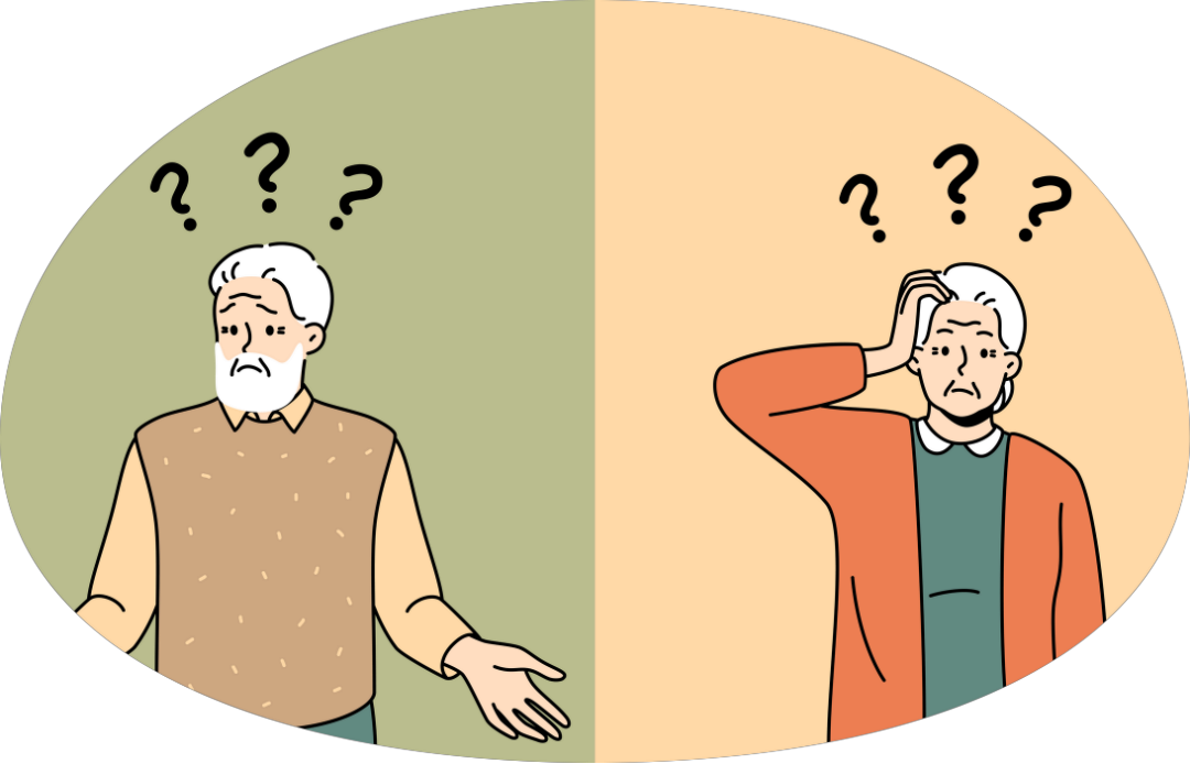 Elderly man and woman with confused expressions and question marks above their heads.