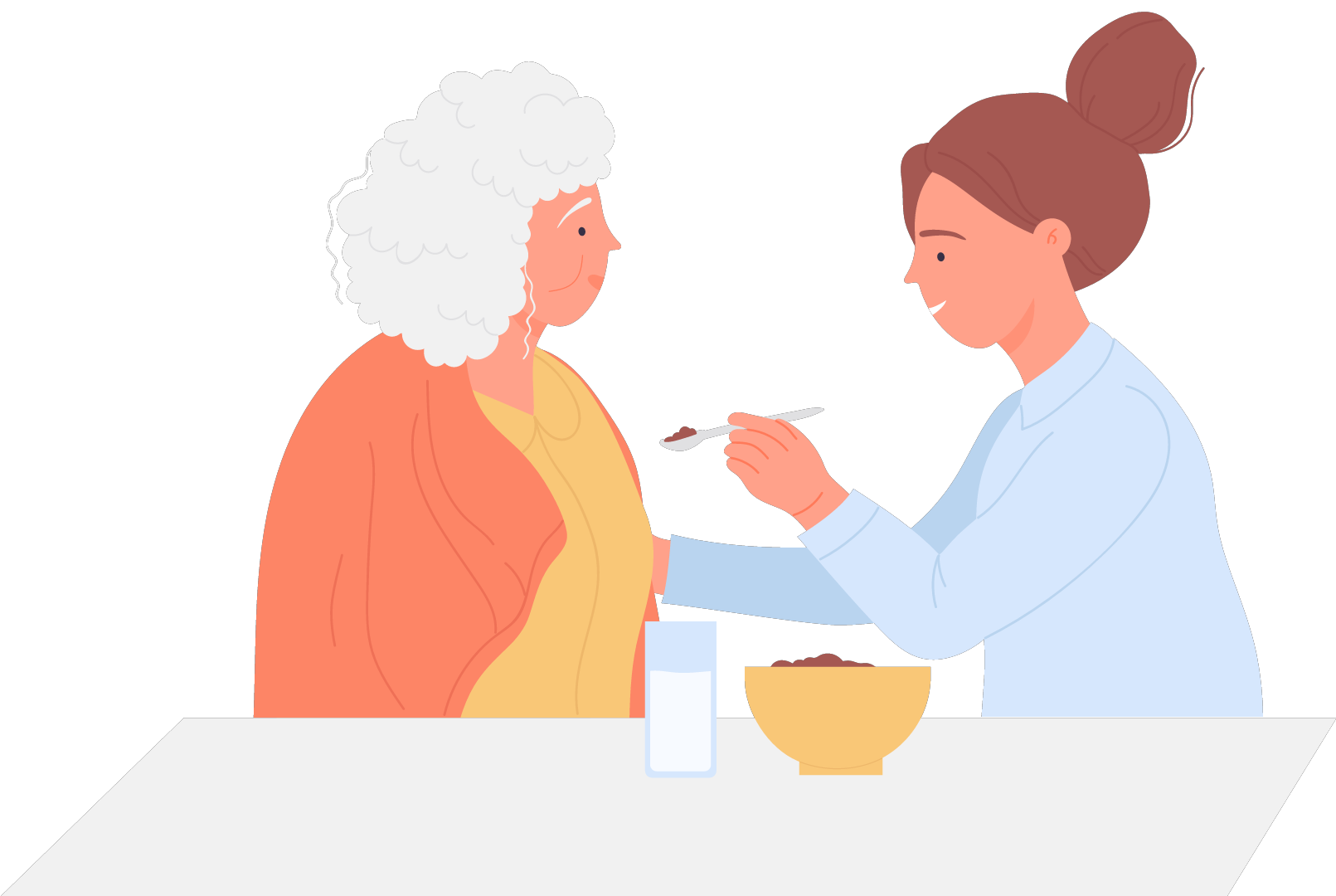 Woman feeding an elderly person at a table. The elderly person wears an orange shawl.
