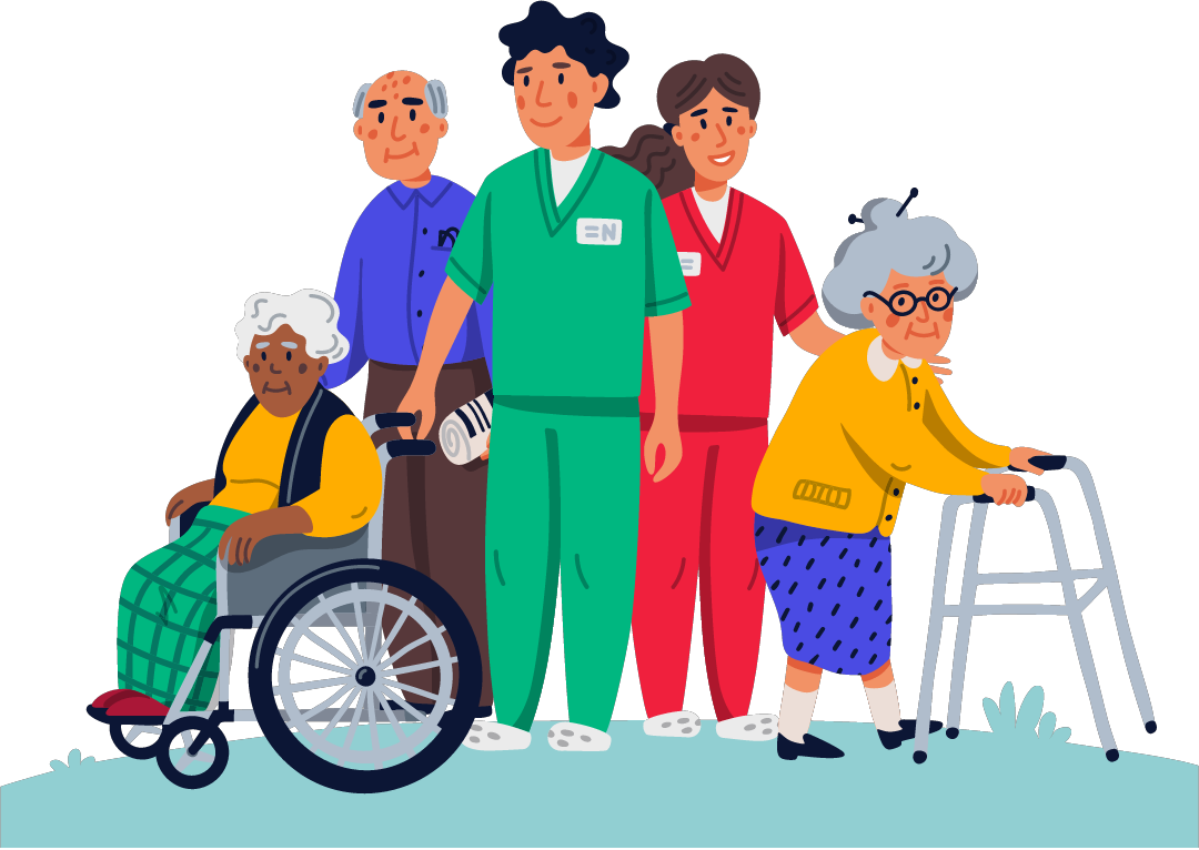 Group of elderly people with medical staff, some using walkers or wheelchairs.