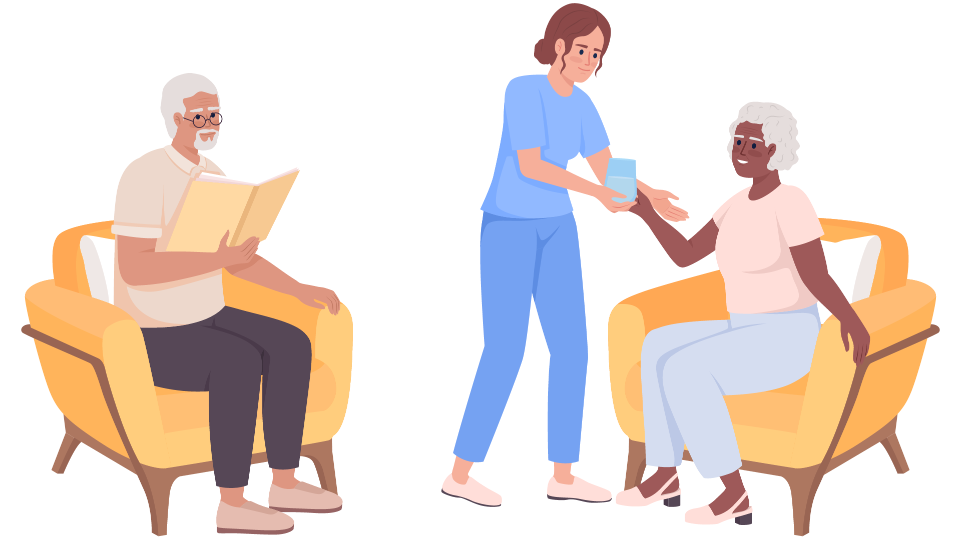 A nurse giving a drink to an elderly woman while a man reads a book in a lounge.
