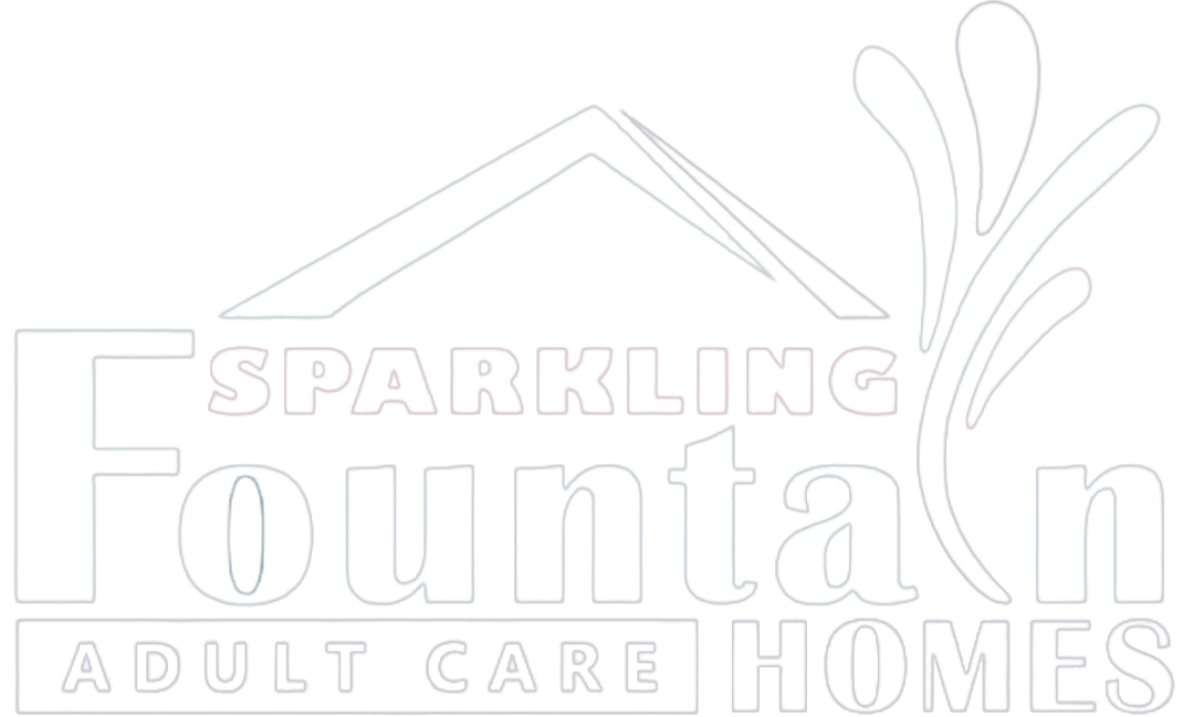 Logo for Sparkling Fountain Adult Care Homes; text inside of a house outline with a water fountain.